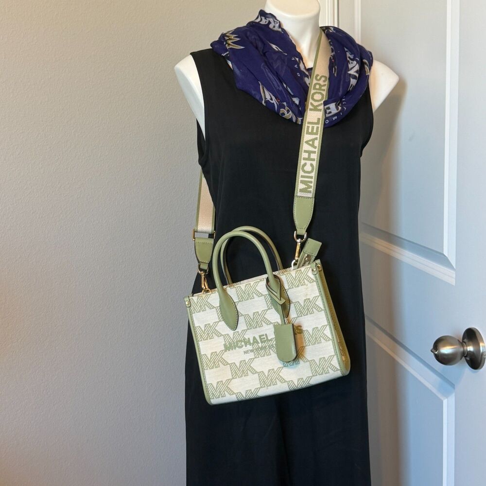 Michael Kors Mirella Small Jacquard Tote Crossbody Bag MK Graphic Logo Green - Picture 2 of 13